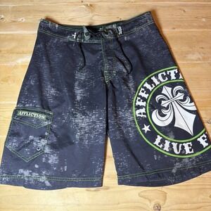 Affliction Board Shorts Mens 34 Black Green Live Fast Swim Trunks MMA Surf Logo